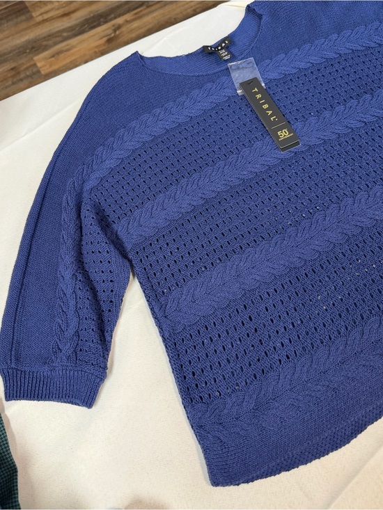 Tribal Sweaters - Tribal Open-Knit Navy Cable Sweater Chevron Design 3/4 Sleeves Women’s XL Petite